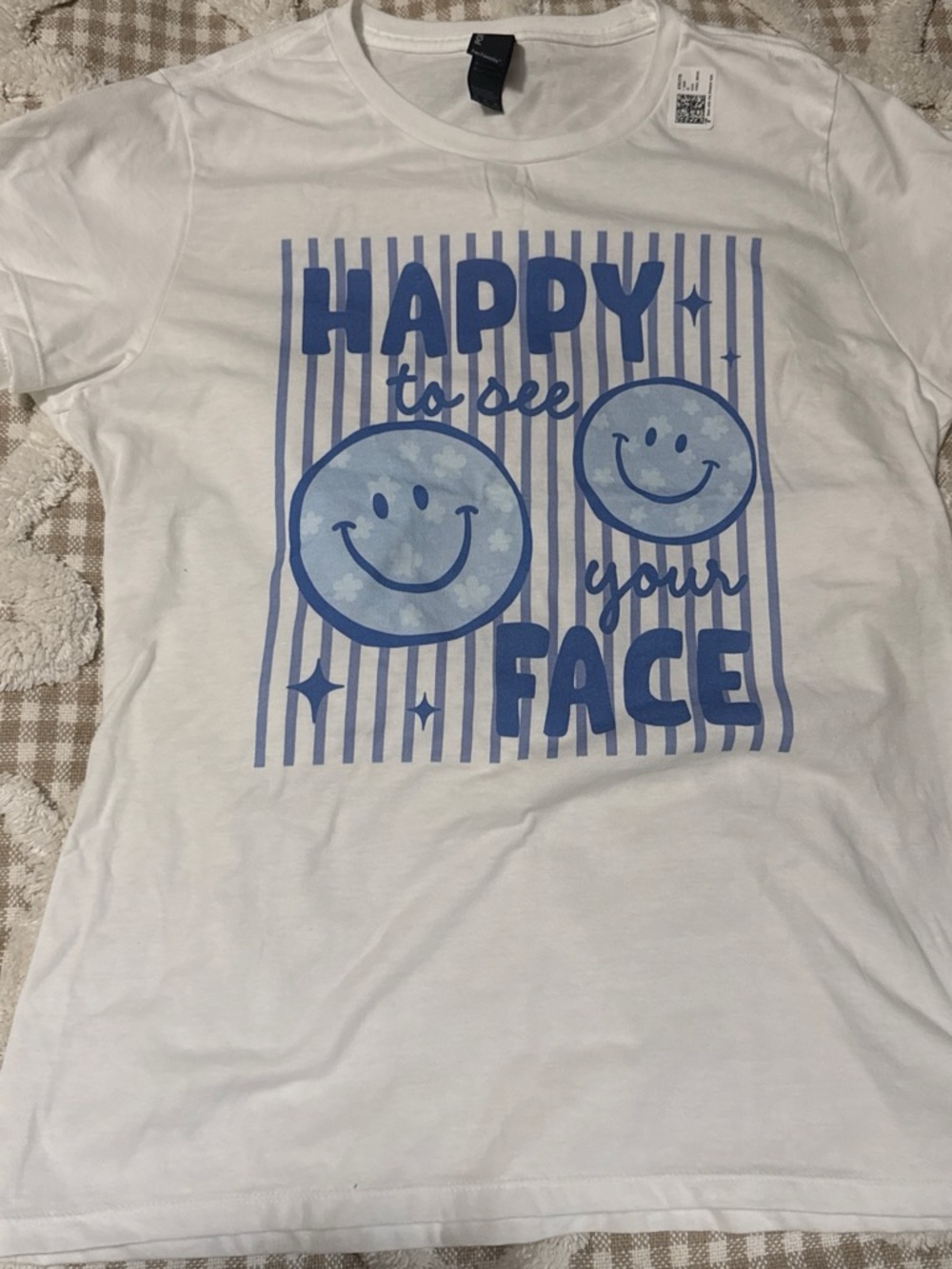 Port and Company White Tee with Blue Smiley Graphic